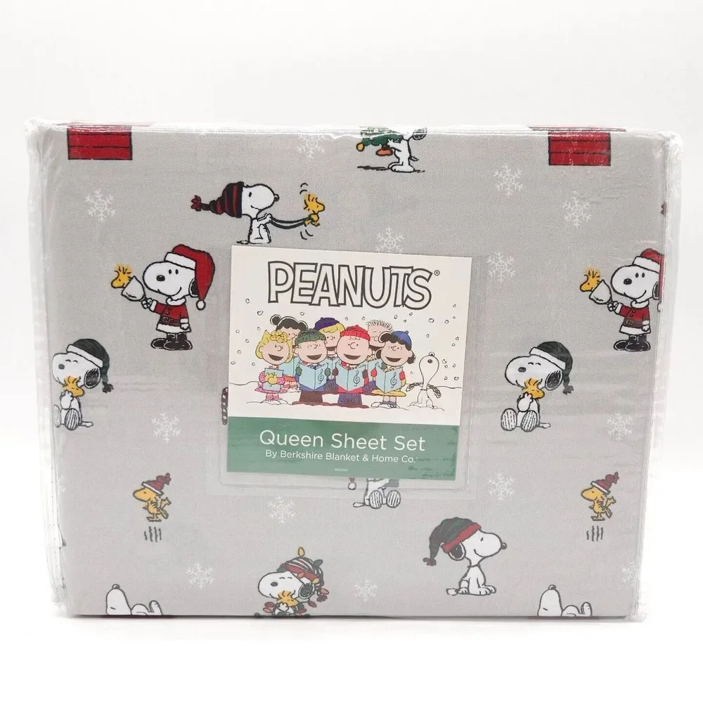 Berkshire Peanuts Snoopy Woodstock Christmas Holiday‎ Queen Sheet Set Gray New